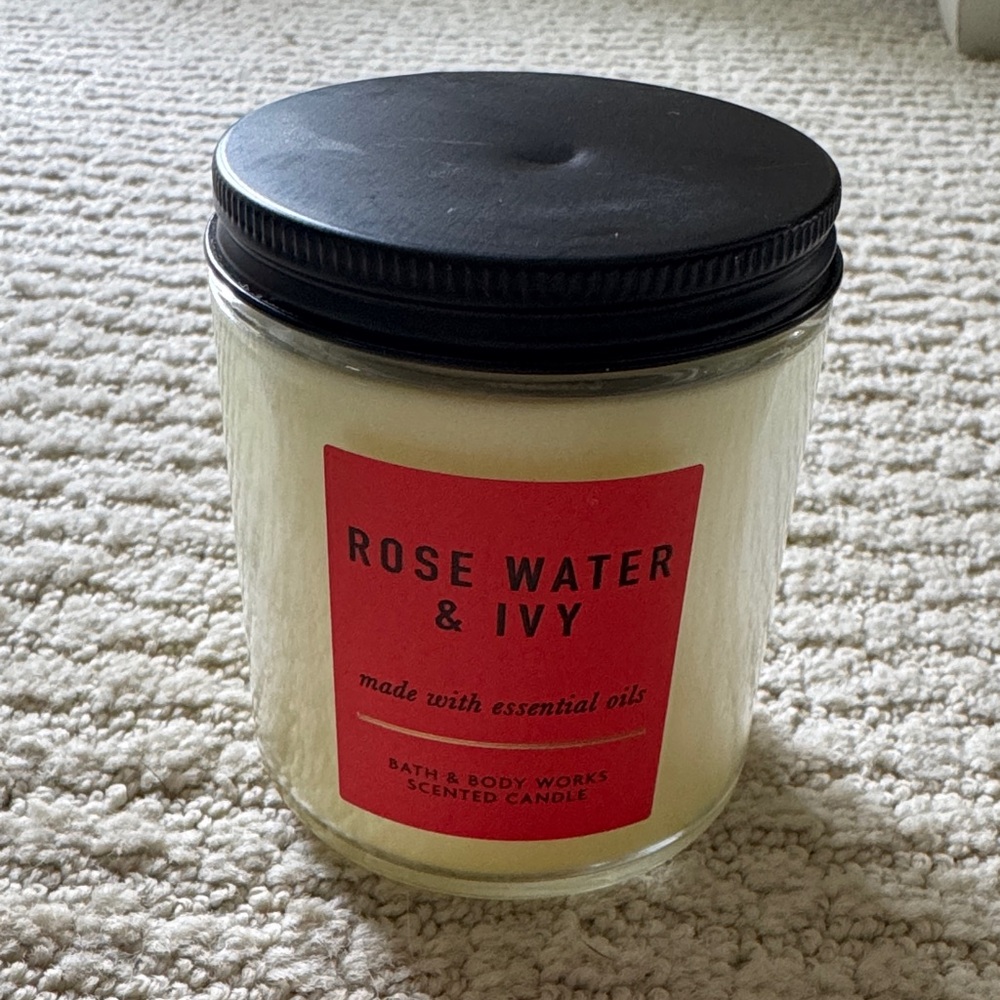 Bath & Body Works Rose Water & Ivy Candle with Black Lid and Red Label